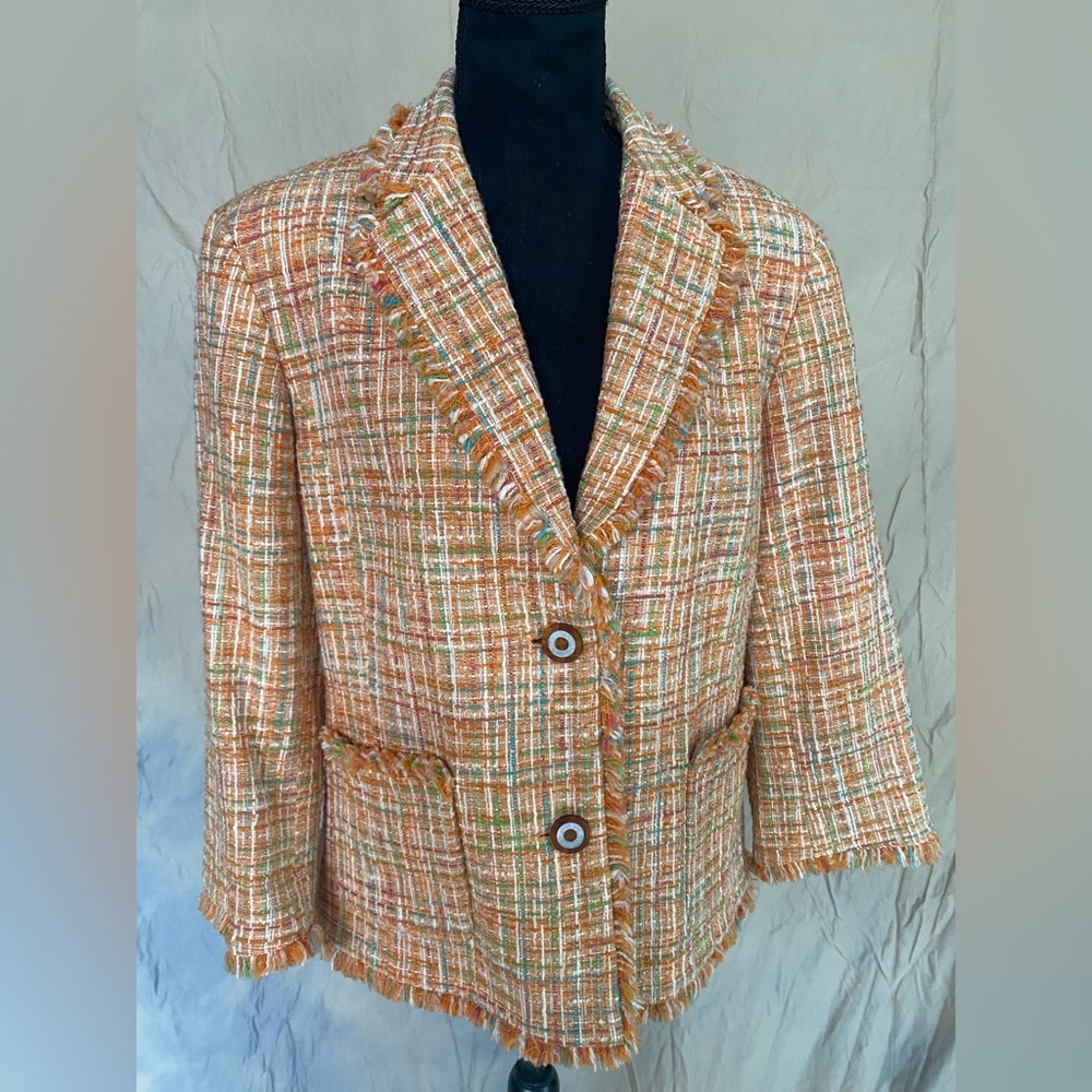 Jones NY Signature Newport Tweed Blazer Jacket Womens Tangerine Frayed Edges